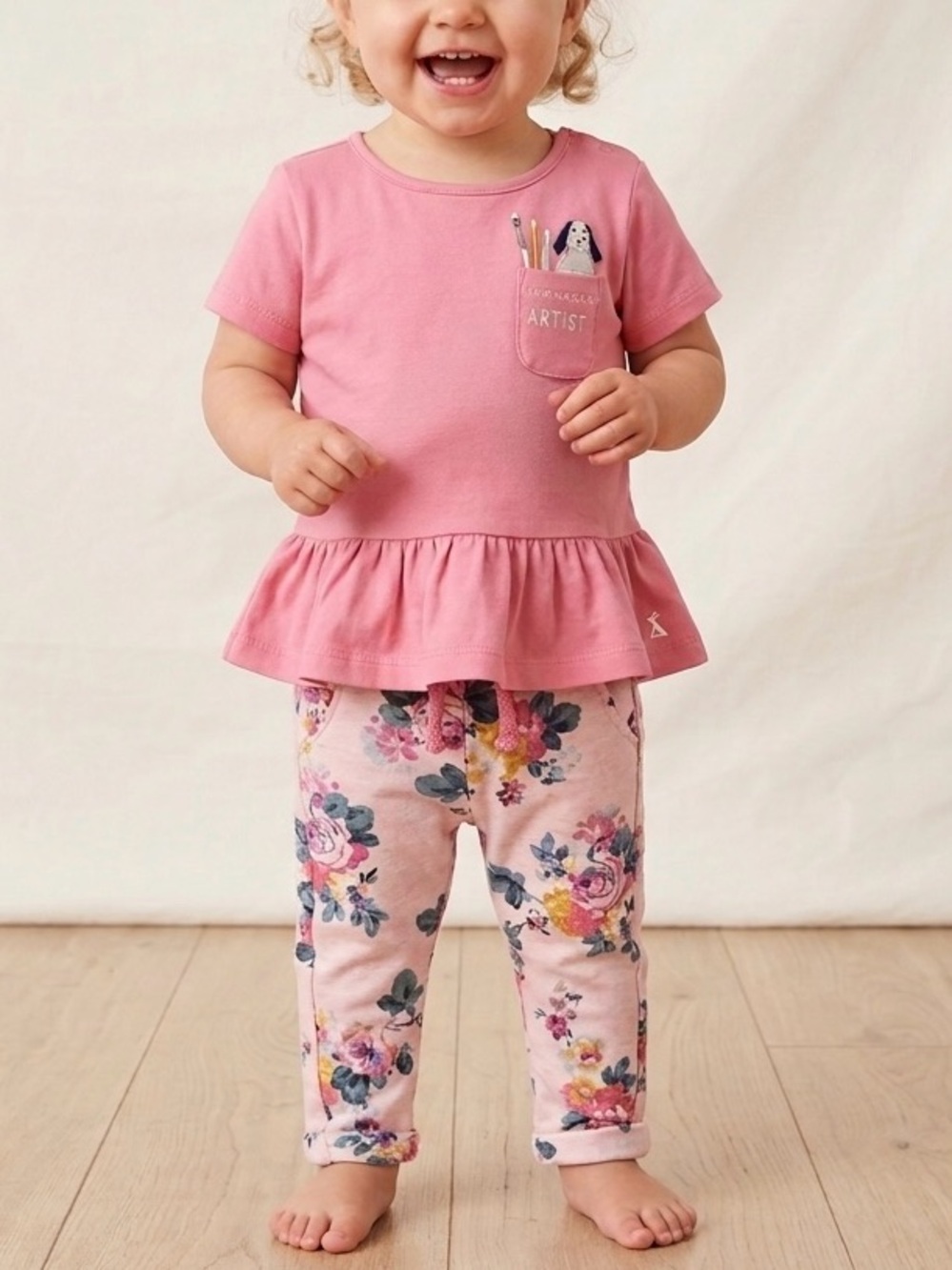 Joules Baby Girls Artist In the Making Pink Top & Floral Joggers 2-Piece Set